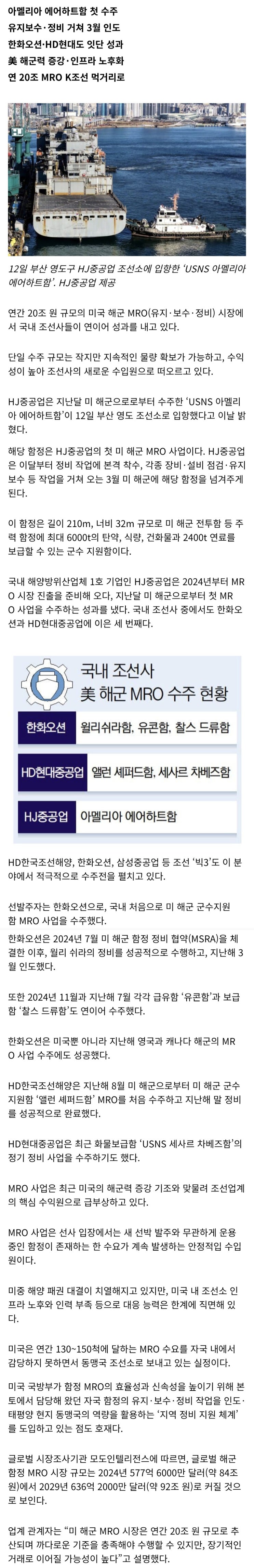  미 해군 함정 부산 영도조선소 입항, HJ중공업, MRO 닻 올렸다