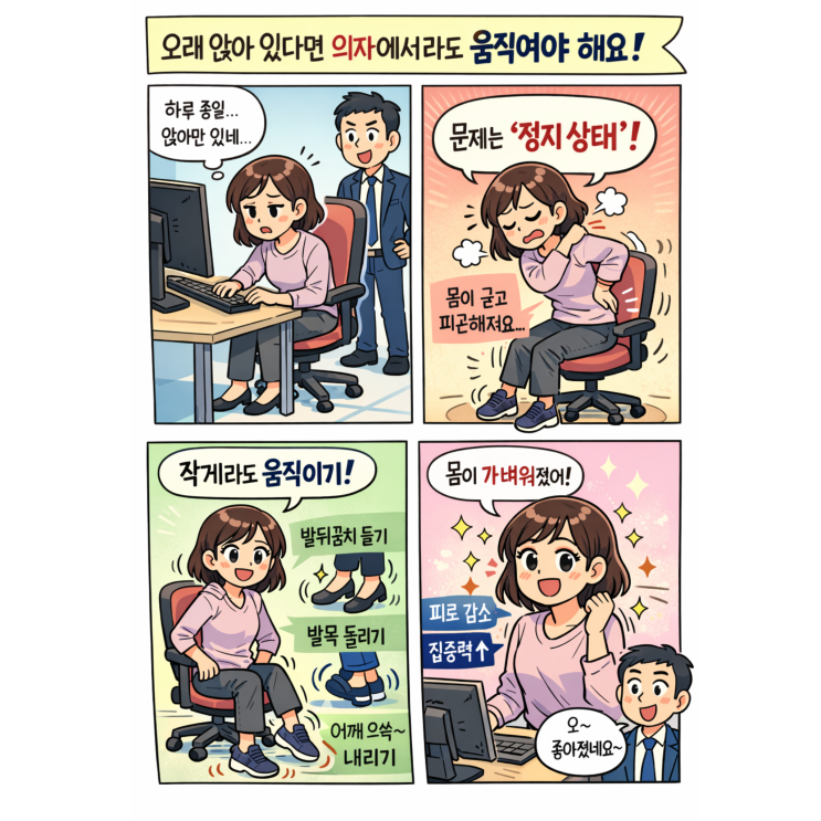  종일 앉아 있고 싶겠어요? 어쩔 수 없다면, 의자에서라도 움직이자