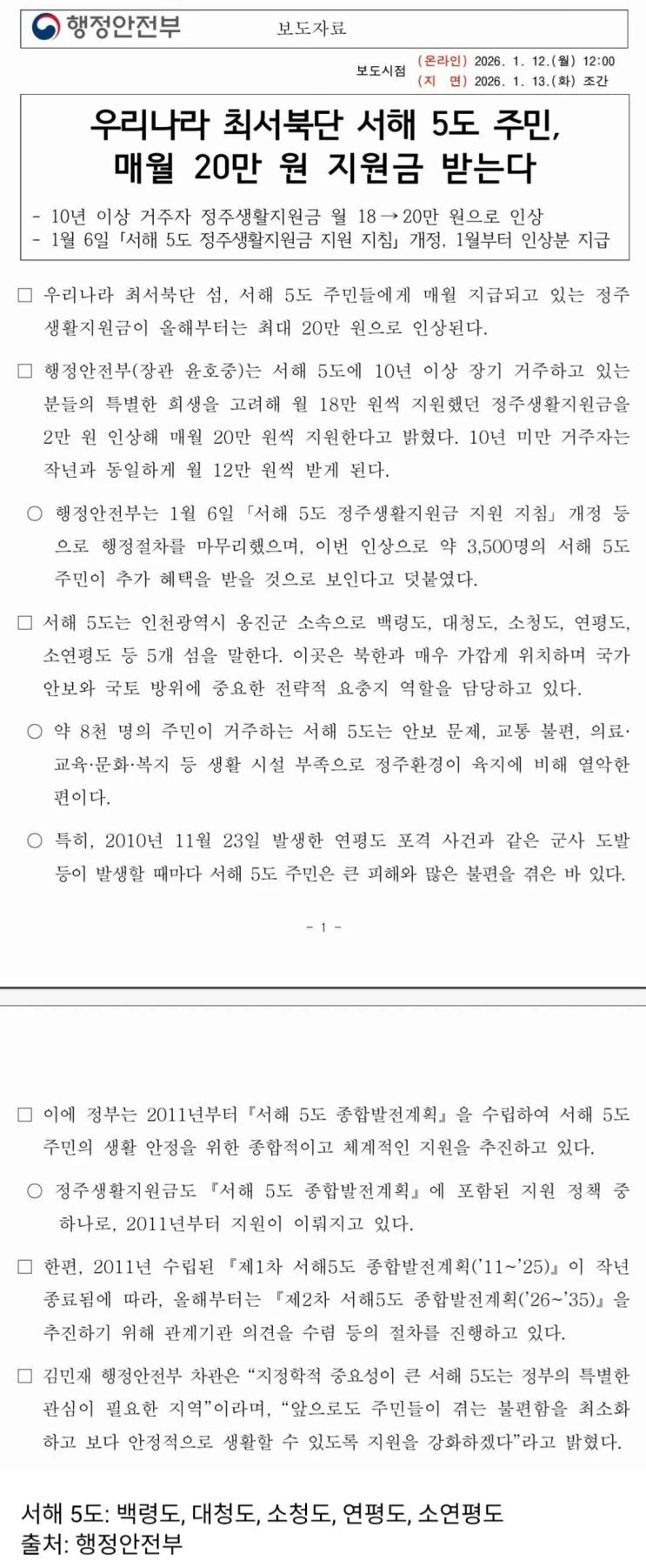  우리나라 최서북단 서해 5도 주민, 매월 20만원 지원금 받는다