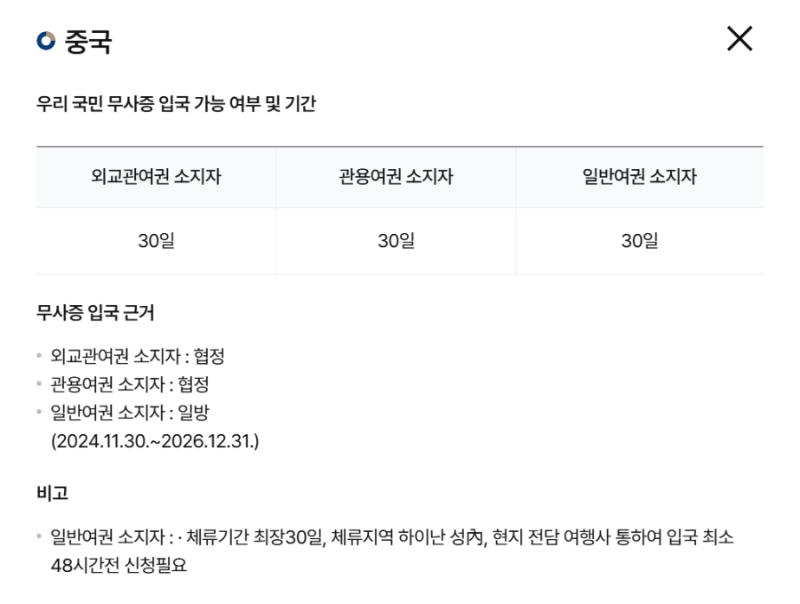 중국 무비자 입국 2026까지 연장!