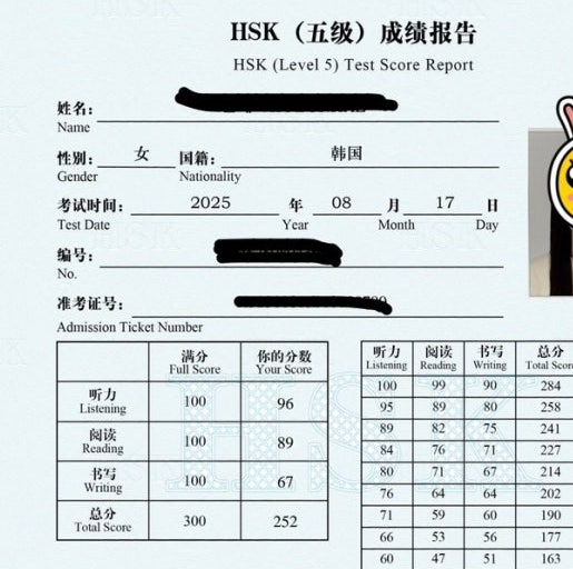  hsk 5급 독학 공부 후 250점 이상 시험 합격한 후기
