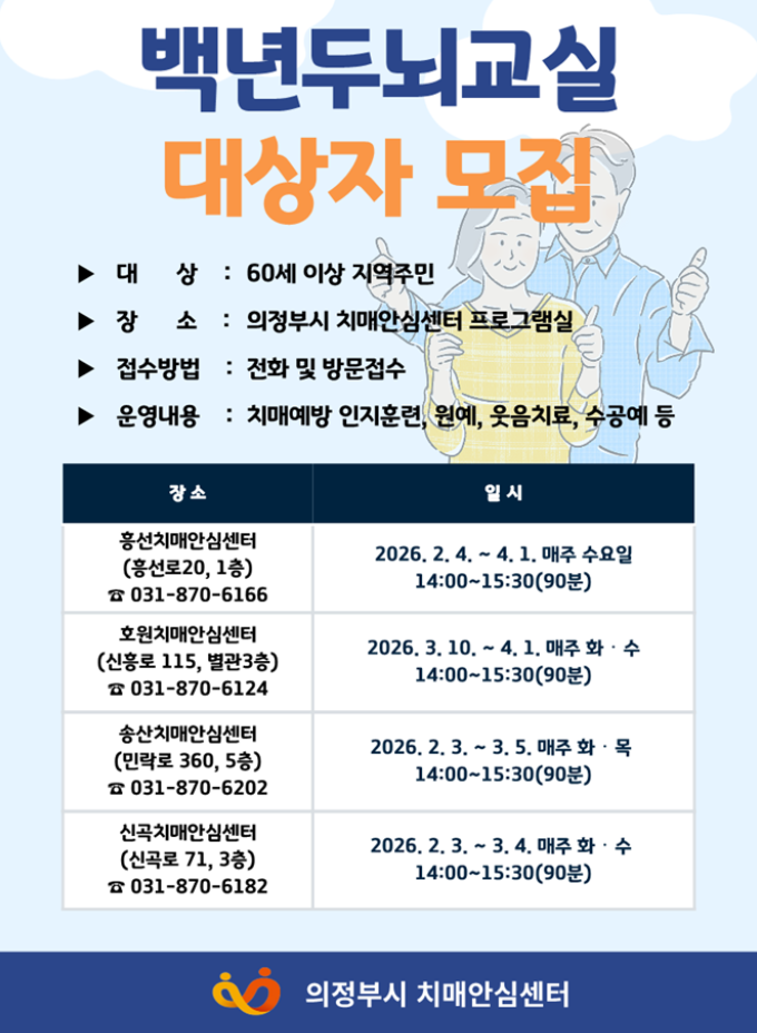 의정부시 치매안심센터, 상반기 치매예방프로그램 [백년두뇌교실 1기] 운영