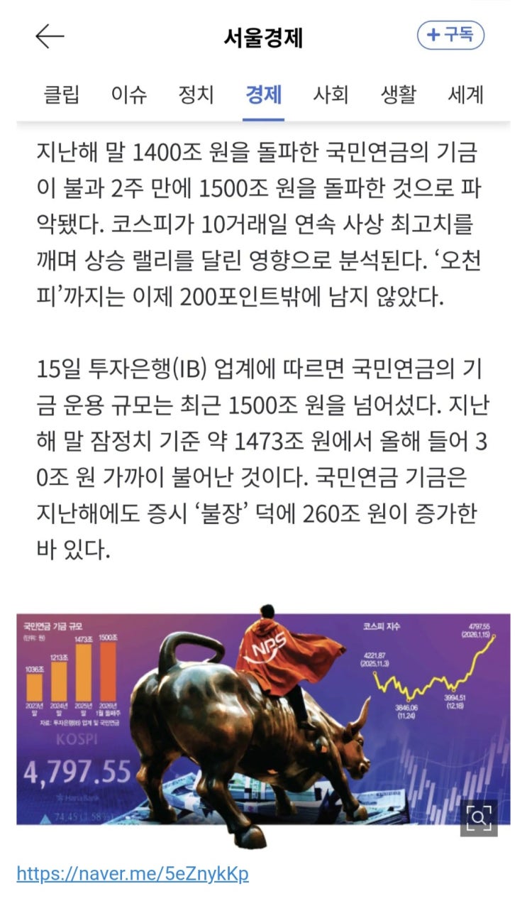  눈앞까지 다가온 오천피, 국민연금 기금, 1500조 고지 넘었다