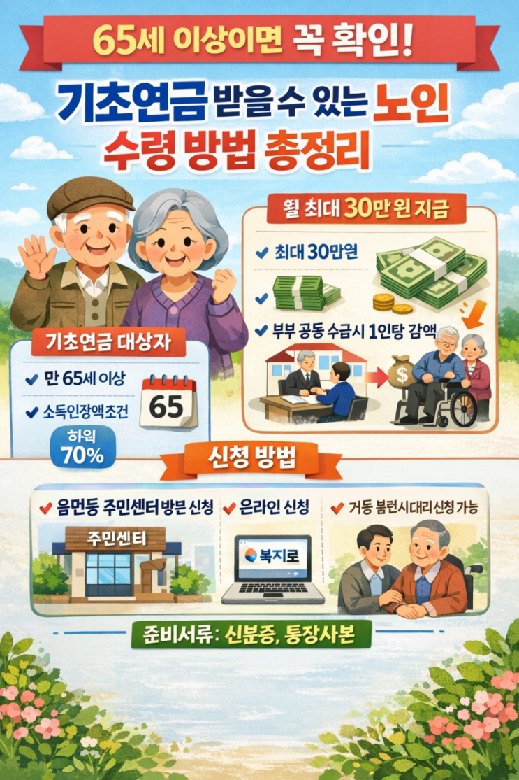  65세 이상이면 꼭 확인 기초연금 받을 수 있는 노인, 수령 방법 총정리