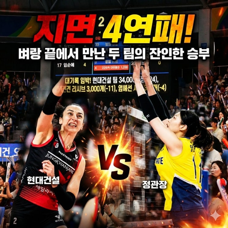  [V리그] 현대건설 vs 정관장 분석: 3연패 늪 탈출할 주인공은? (승률 86%의 근거)