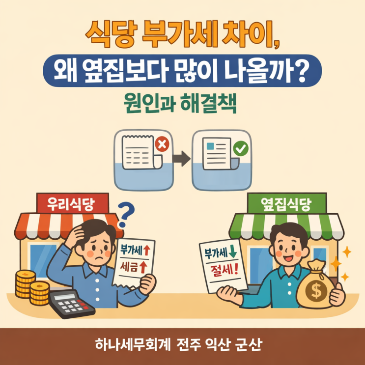  식당 부가세 차이, 왜 옆집보다 많이 나올까? 원인과 해결책: 군산세무사의 세금이야기