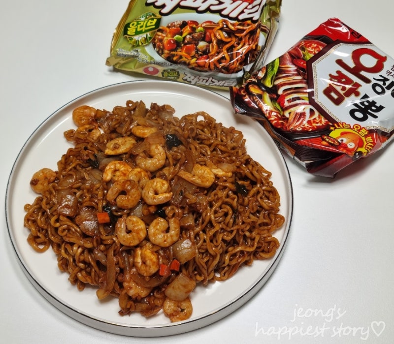 오징어짬뽕 짜파게티 조합 레시피 해물짜장라면 오빠게티 맛있게 끓이는법