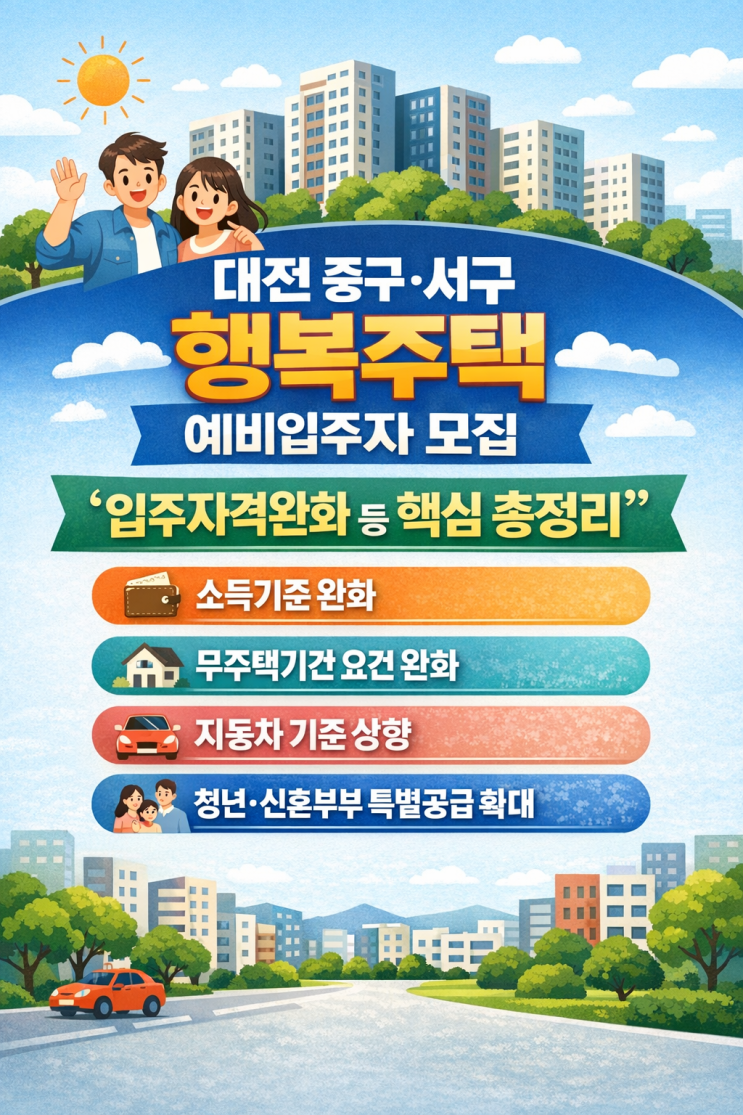 대전 중구·서구 행복주택 예비입주자 모집 '입주자격완화 등 핵심 총정리'