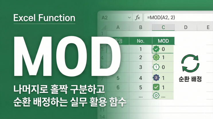 [엑셀 함수] MOD - 나머지로 홀짝 구분하고 순환 배정하는 실무 활용 함수