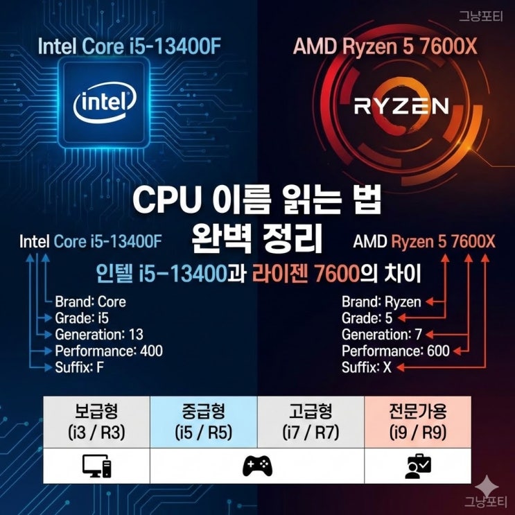  CPU 이름 읽는 법 완벽 정리: 인텔 i5-13400과 라이젠 7600의 차이는?