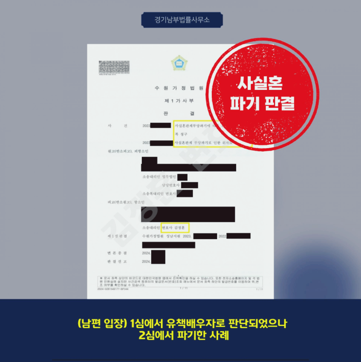  사실혼 파기 소송에서 1심 유책 판단 뒤집은 수원이혼전문변호사 사례