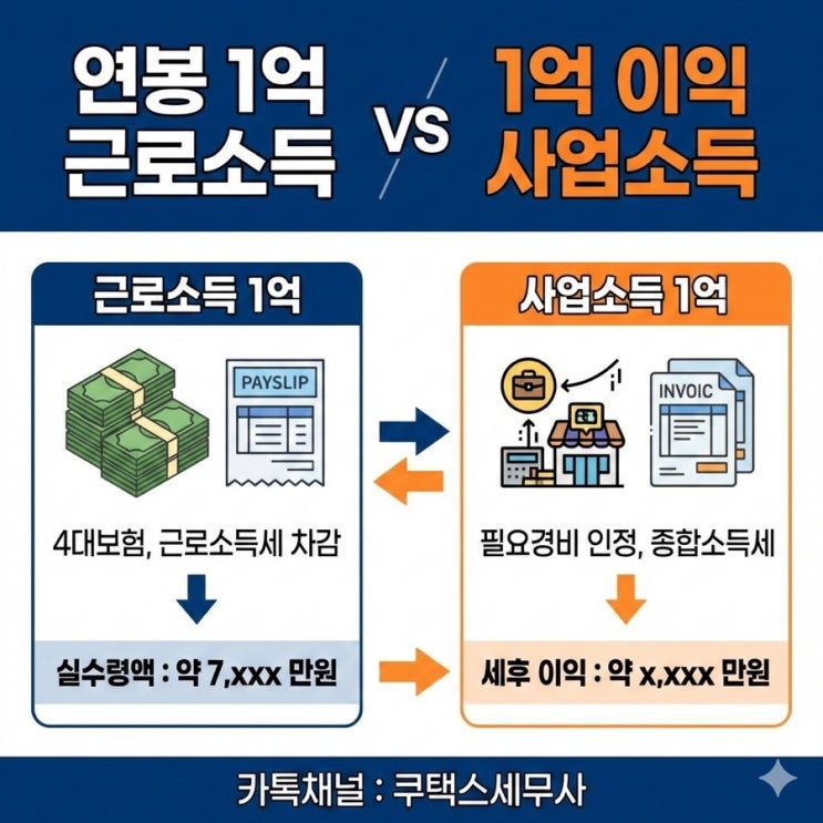  연봉1억 실수령 근로소득  VS 1억이익 실수령 사업소득