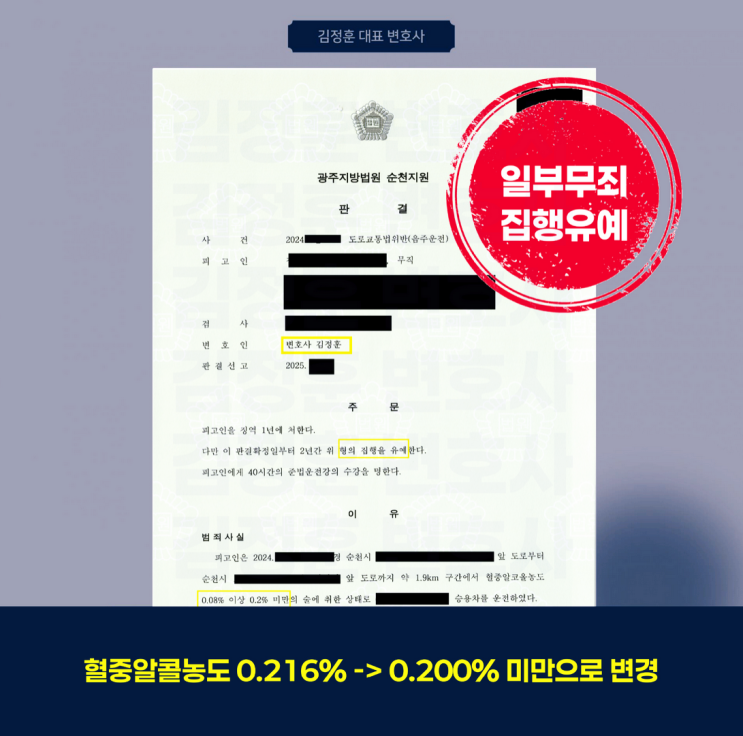  음주운전 혈중알코올농도 0.216%, 일부무죄로 집행유예 이끈 경기광주변호사