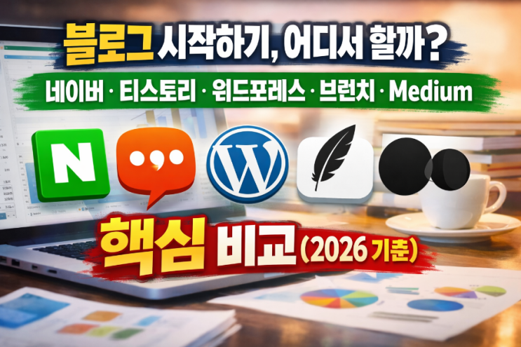  블로그 시작하기, 어디서 할까? 네이버·티스토리·워드프레스·브런치·Medium 핵심 비교(2026 기준)