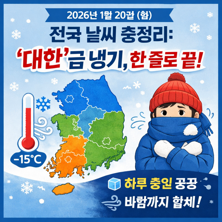   2026년 1월 20일(화) 전국 날씨 총정리: ‘대한’급 냉기, 한 줄로 끝! 