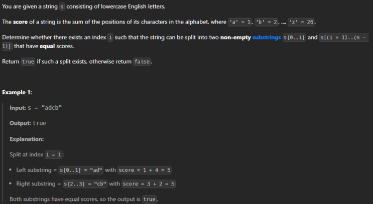  JAVA_LeetCode 3707_Equal Score Substrings