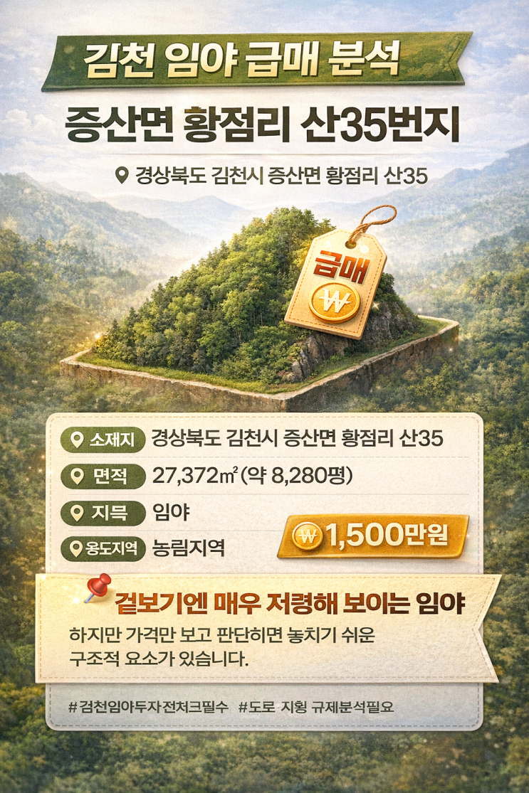   긴급 매매! 김천시 증산면 황점리 임야 27,372, 파격가 1,500만원