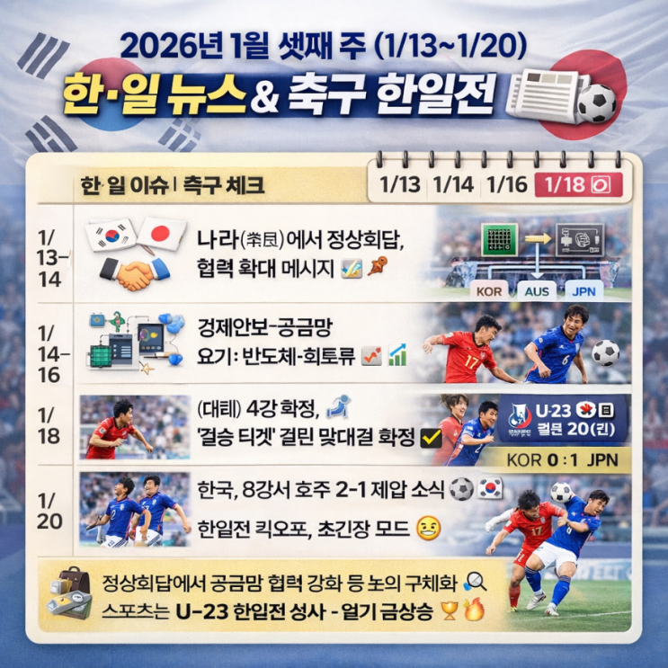  2026년 1월 셋째 주(1/13~1/20) 한·일 뉴스 & 축구 한일전 한눈정리 ️