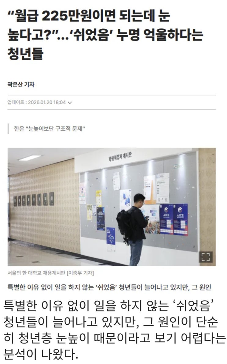  월급 225만원이면 되는데 눈 높다고 하자 쉬었음 억울하다는 청년들