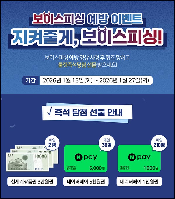  보이스피싱 예방 퀴즈이벤트(네페 1천원등 242명/일)즉당~01.27