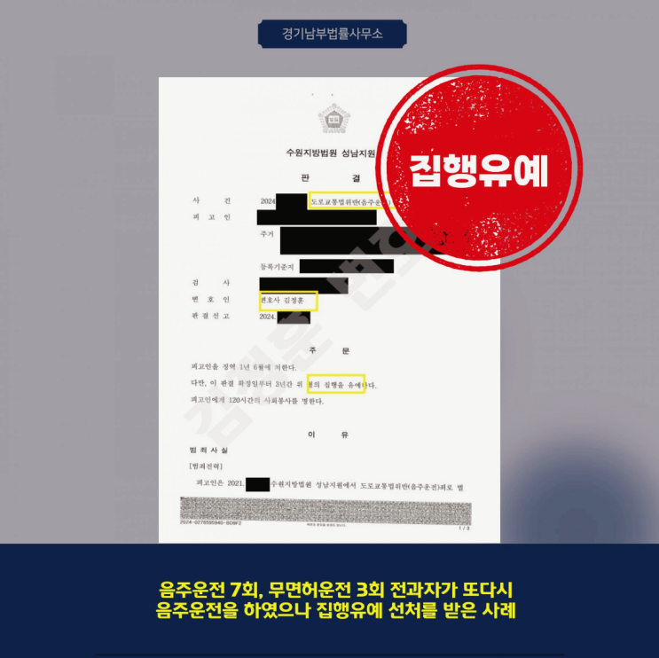  음주운전 전과 7회, 무면허 운전 전과 3회에서 또 적발에도 집행유예 이끈 성남음주변호사 판단