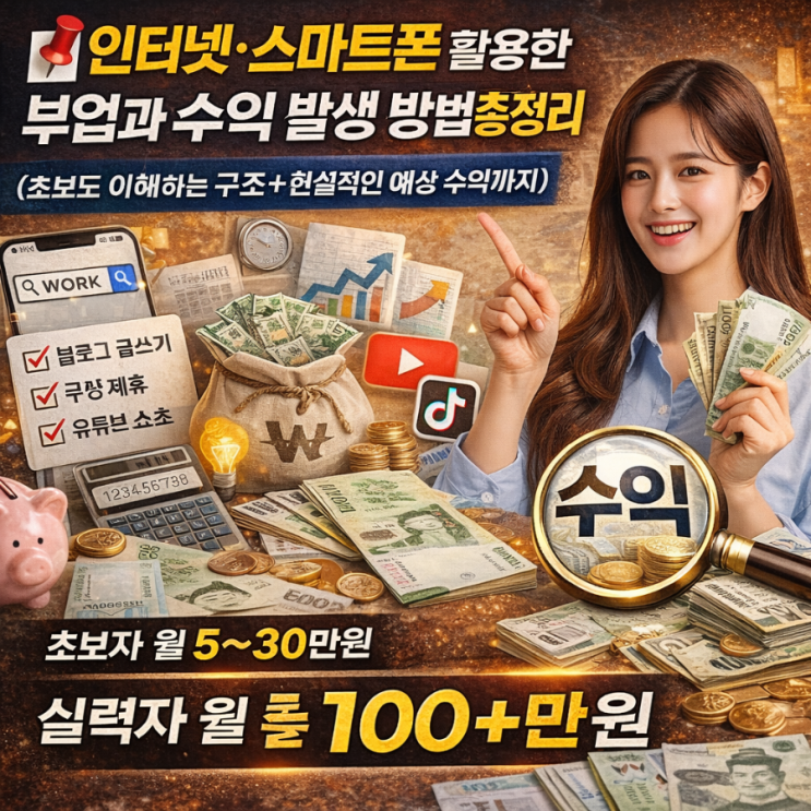   인터넷·스마트폰 활용한 부업과 수익 발생 방법 총정리(초보도 이해하는 구조 + 현실적인 예상 수익까지)