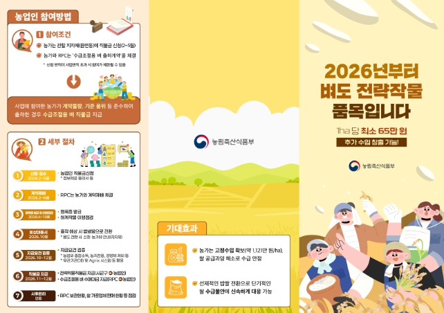 농식품부, 벼도 전략작물직불금 500만 원/ha 지급 2026년 '수급조절용 벼' 신규 추진