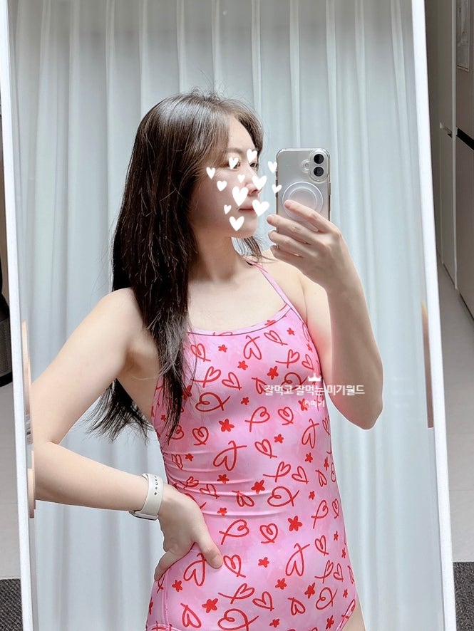 귀엽고 깜찍한 미들컷 버블버블 여자 수영복 하트핑크 X백 솔직후기 입수샷 착샷 포함