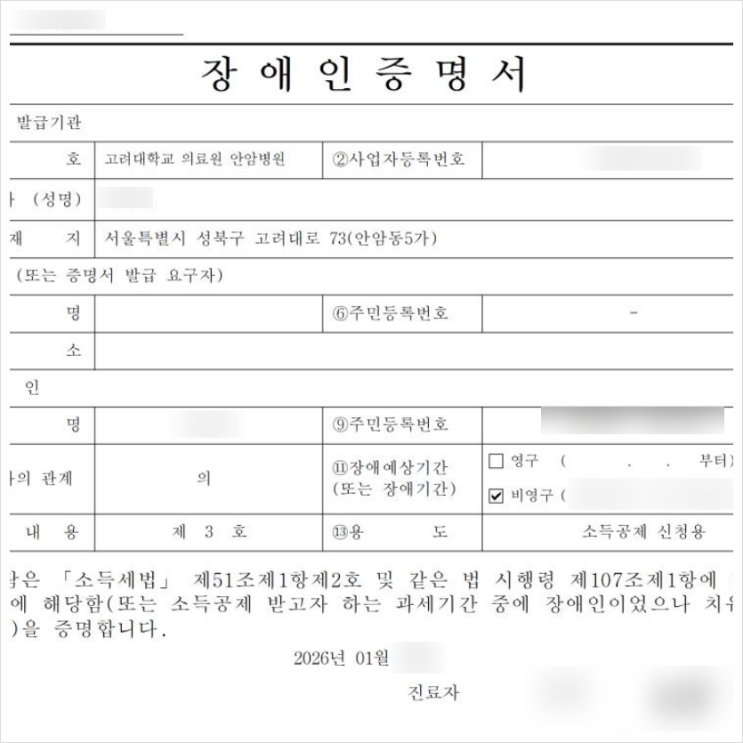  암환자 연말정산 소득공제 위한 장애인 증명서 발급