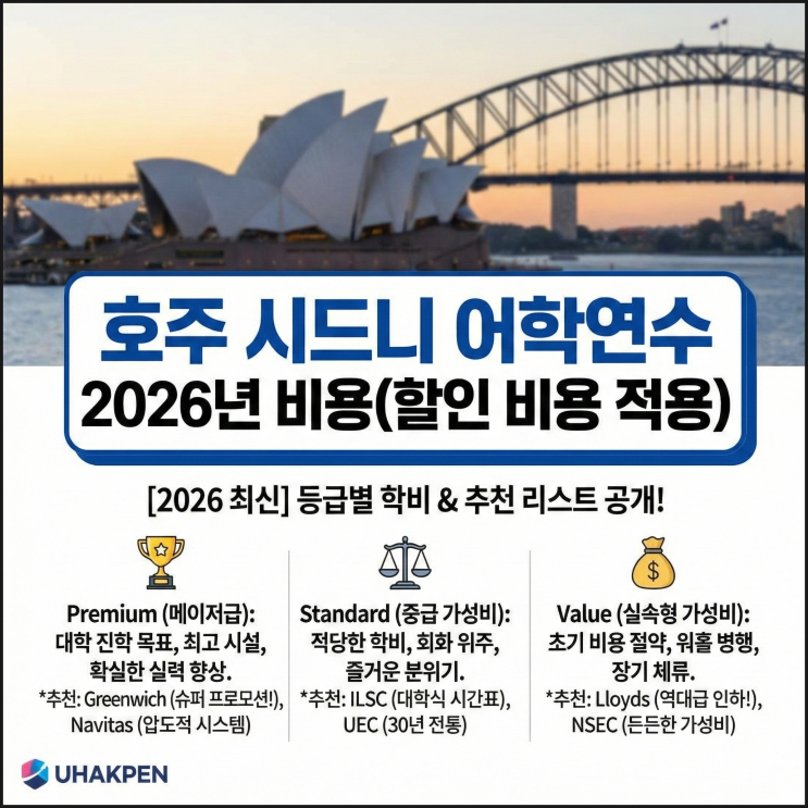  호주 시드니 어학원 어학연수 2026년 비용(최대할인) Navitas, Greenwich, ILSC, UEC, Lloyds, NSEC