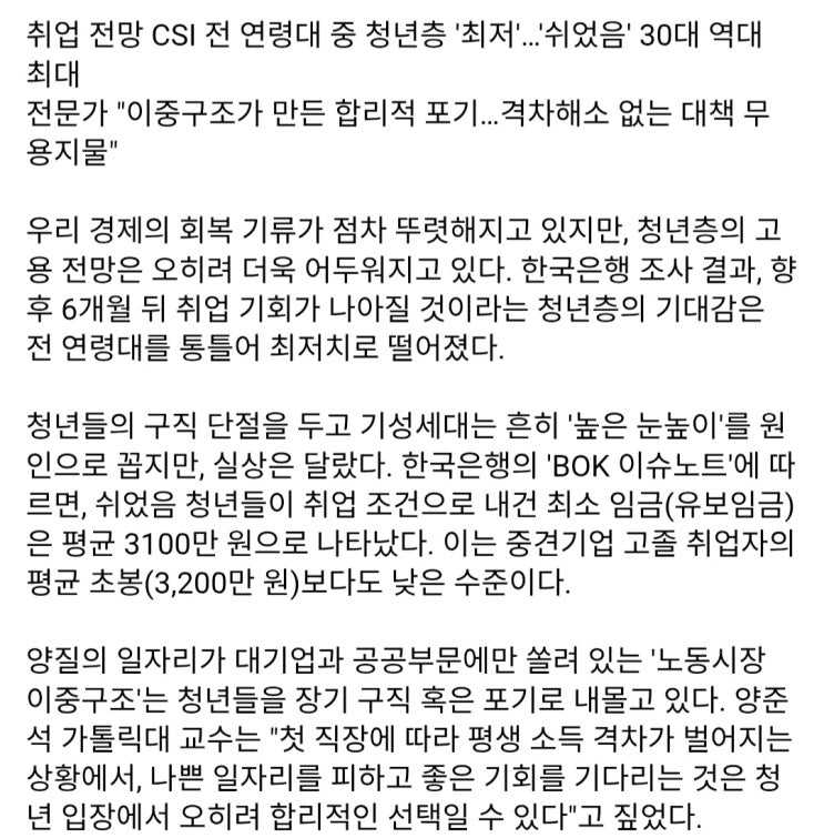  경기는 회복세지만 청년만 절망이고 눈을 낮춘 3100만원도 갈 곳 없다