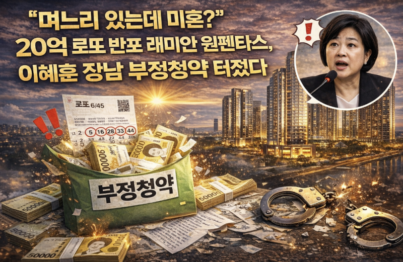 며느리 있는데 미혼?" 20억 로또 반포 래미안 원펜타스, 이혜훈 장남 부정청약 터졌다