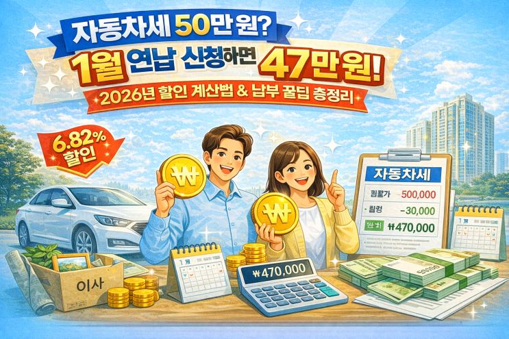 “자동차세 50만 원? 1월 연납 신청하면 47만 원! 2026년 할인 계산법 & 납부 꿀팁 총정리”