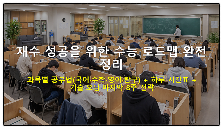  재수 성공을 위한 수능 로드맵 과목별 공부법(국어·수학·영어·탐구) + 하루 시간표 + 기출·오답·마지막 8주 전략