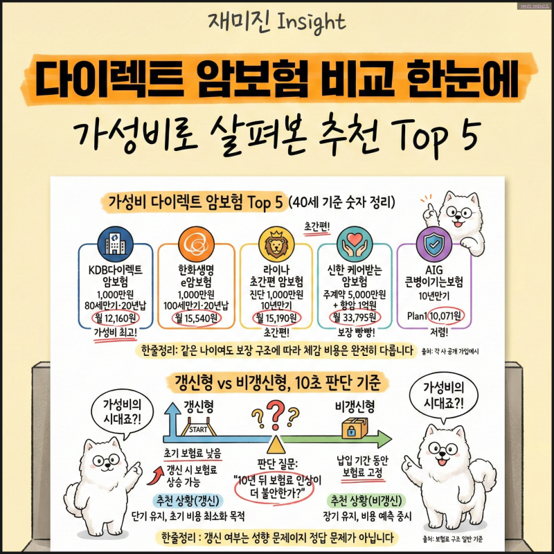 2026 다이렉트 암보험 비교 - 보험료지수로 뽑은 가성비 Top5