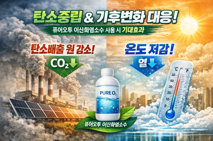 탄소중립과 기후변화 대응 퓨어오투 이산화염소수 사용 시 기대효과 – 탄소배출원 감소 + 온도 저감 관점에서 기후변화는 더 이상 미래의 이야기가 아닙니다.