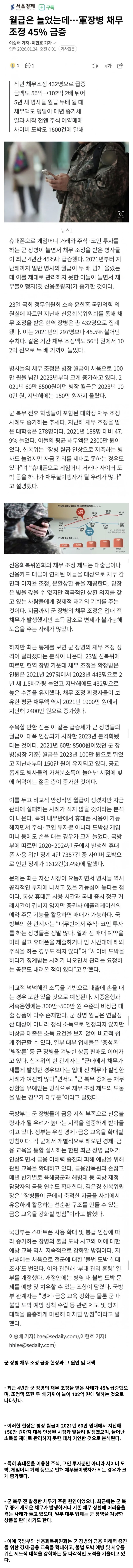  월급은 늘었지만 軍장병 신용불량자 가 45%씩이나 급증