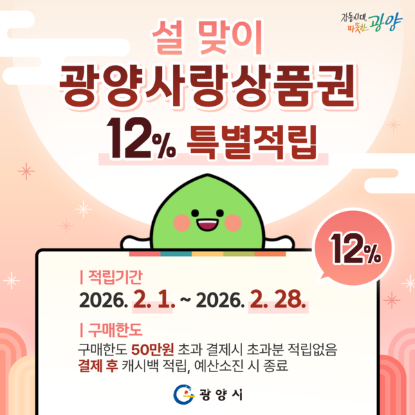  광양시, 설 명절 소비 진작 위해 ‘광양사랑상품권’ 12% 캐시백 지급
