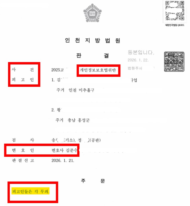  무죄 사례(개인정보보호법 전부 무죄)