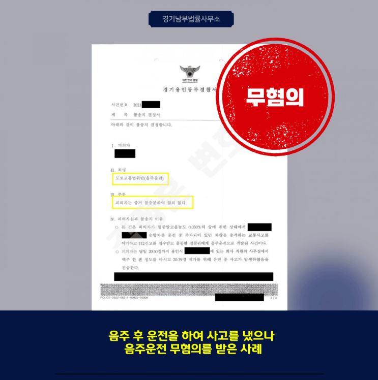  혈중알코올농도 0.03% 측정된 교통사고, 무혐의 이끈 용인음주운전변호사 법적판단
