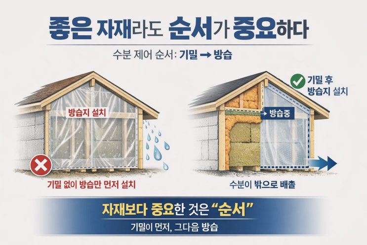  공기를 막지 않고 방습지부터 쓰면 수분 하자가 시작된다. 수분 제어의 순서는 공기 차단이 먼저이기 때문에 순서가 매우 중요하다.