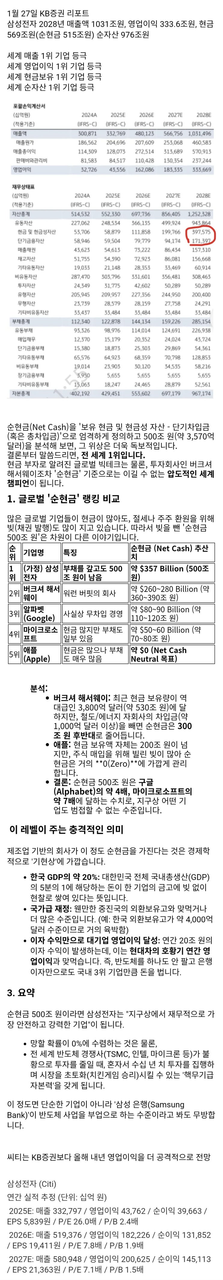  삼성전자의 순현금 500조 전망의 의미