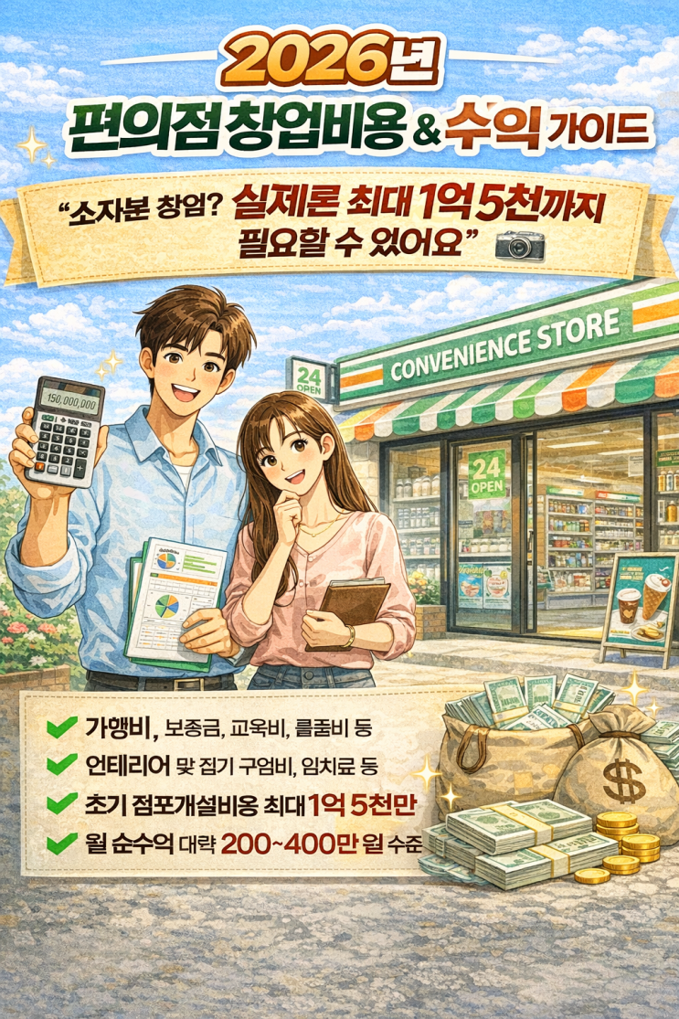  2026년 편의점 창업비용 & 수익 가이드“소자본 창업? 실제론 최대 1억 5천까지 필요할 수 있어요”