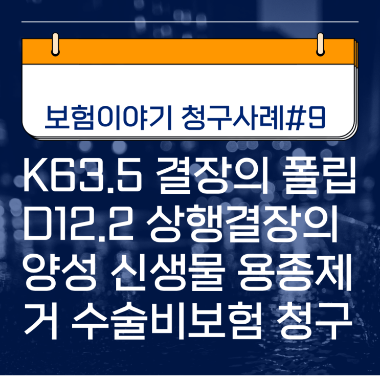  보험이야기 청구사례#9 K63.5 결장의 폴립 D12.2 상행결장의 양성 신생물 용종제거 수술비보험 청구 이영국설계사