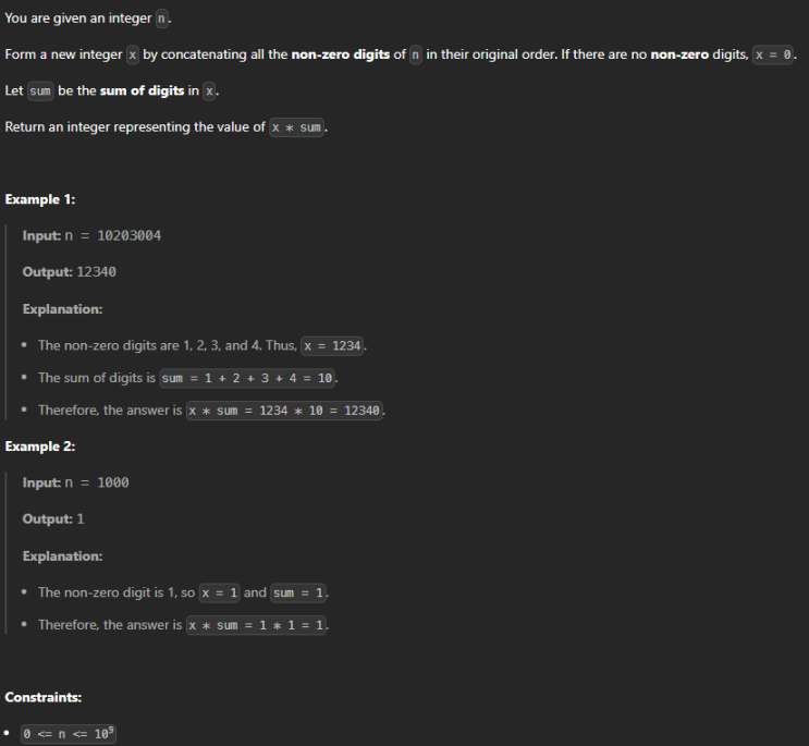  JAVA_LeetCode 3754_Concatenate Non-Zero Digits and Multiply by Sum I