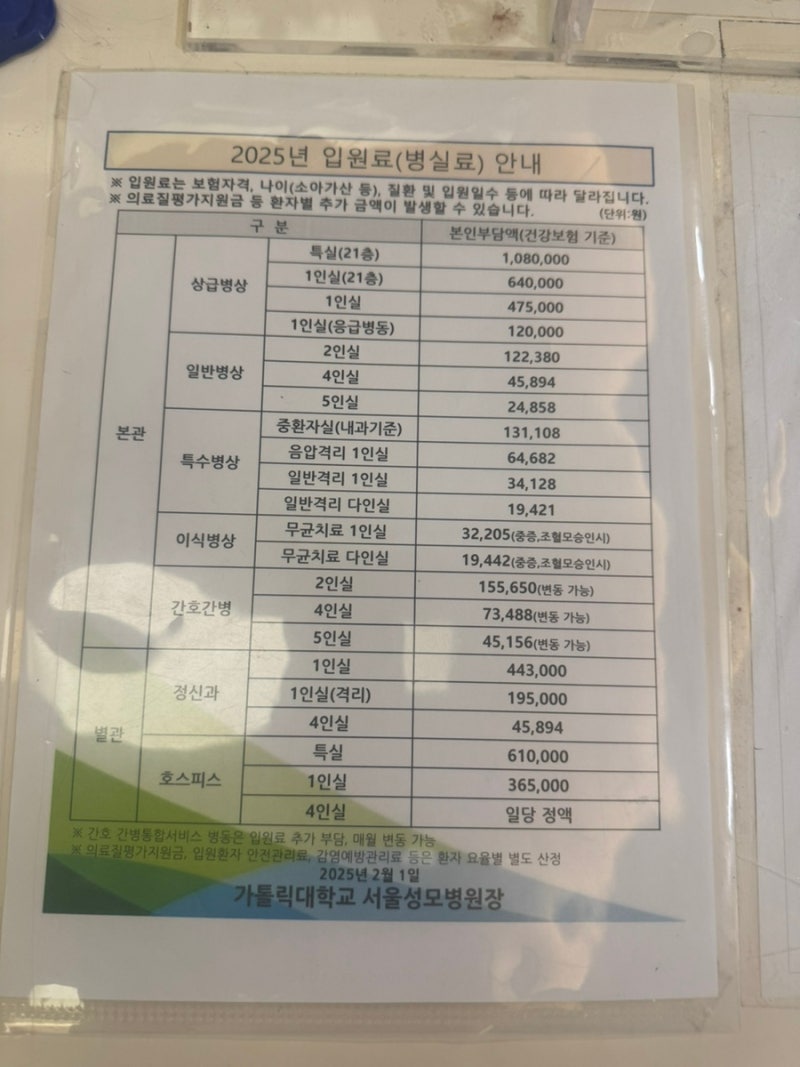 서울성모병원 병실료/대학병원병실료