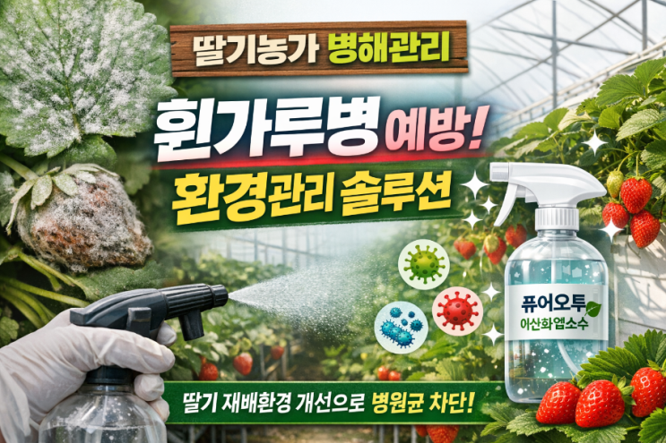   딸기농가의 곰팡이·세균·바이러스 관리 특히 흰가루병 예방을 위한 퓨어오투 이산화염소수 적용과 기대효과