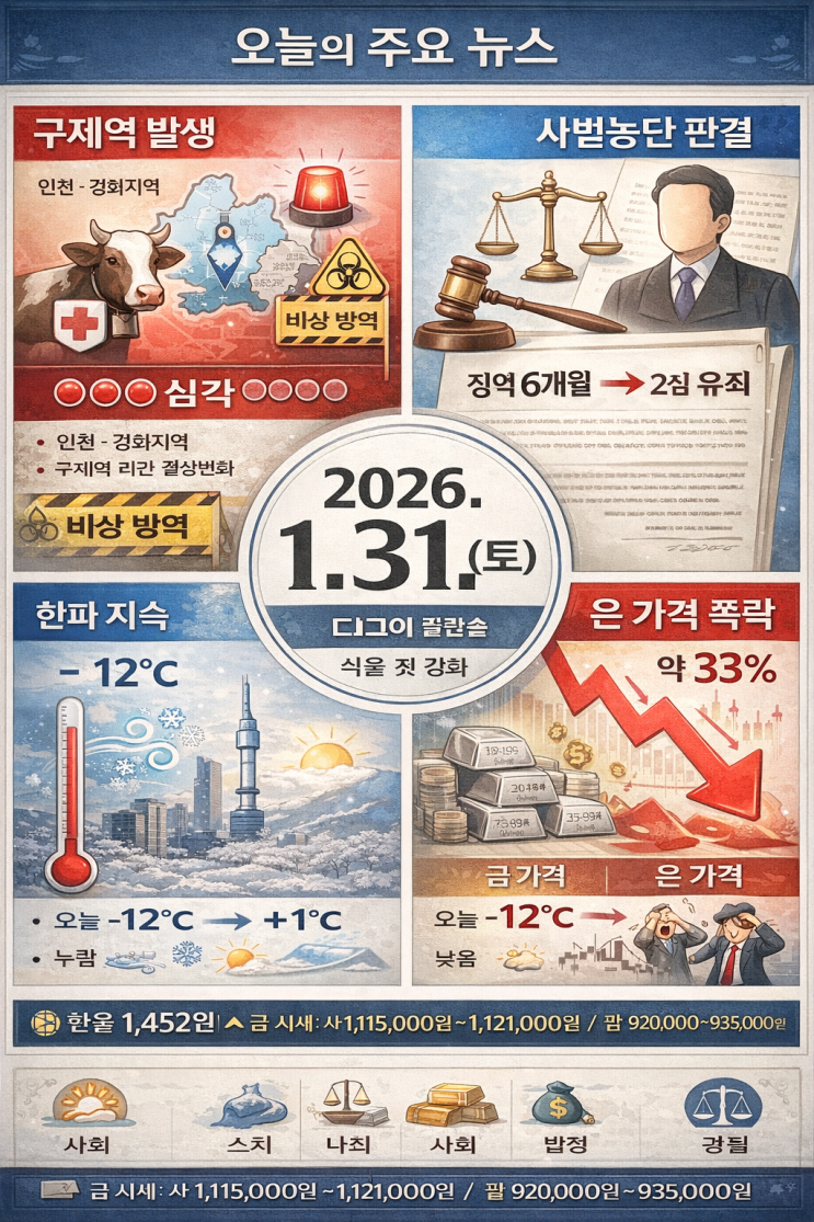  2026년 1월 31일 오늘의 주요 뉴스 - 한파·구제역·사법농단·은 폭락