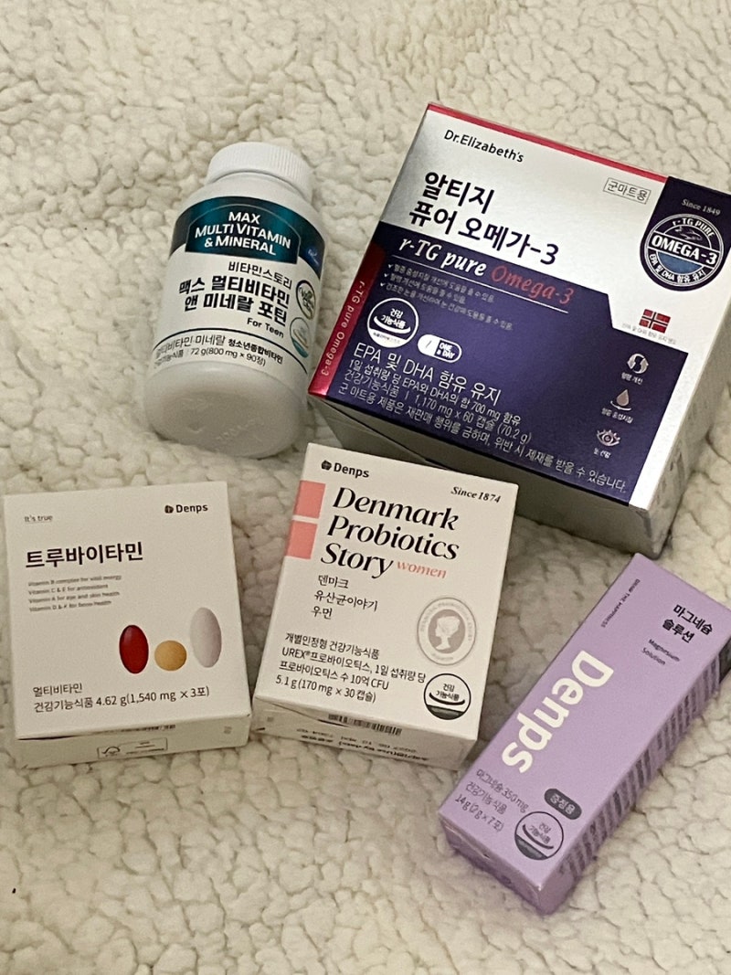 영양제 입문 : 덴프스 유산균 우먼, 비타민스토리 멀티비타민, 닥터엘리자베스 오메가3