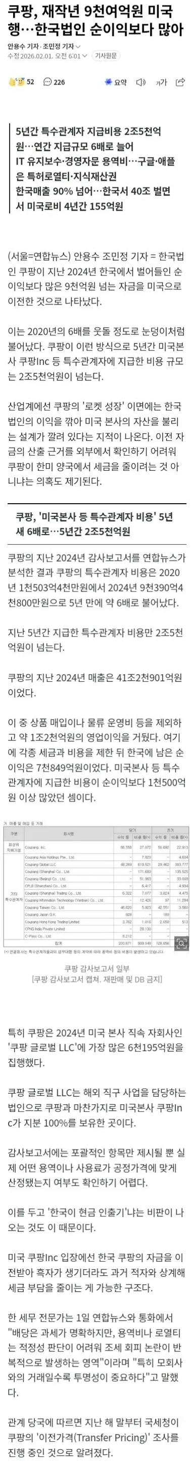  쿠팡, 재작년 9천여억원 미국행,  한국법인 순이익보다 많다